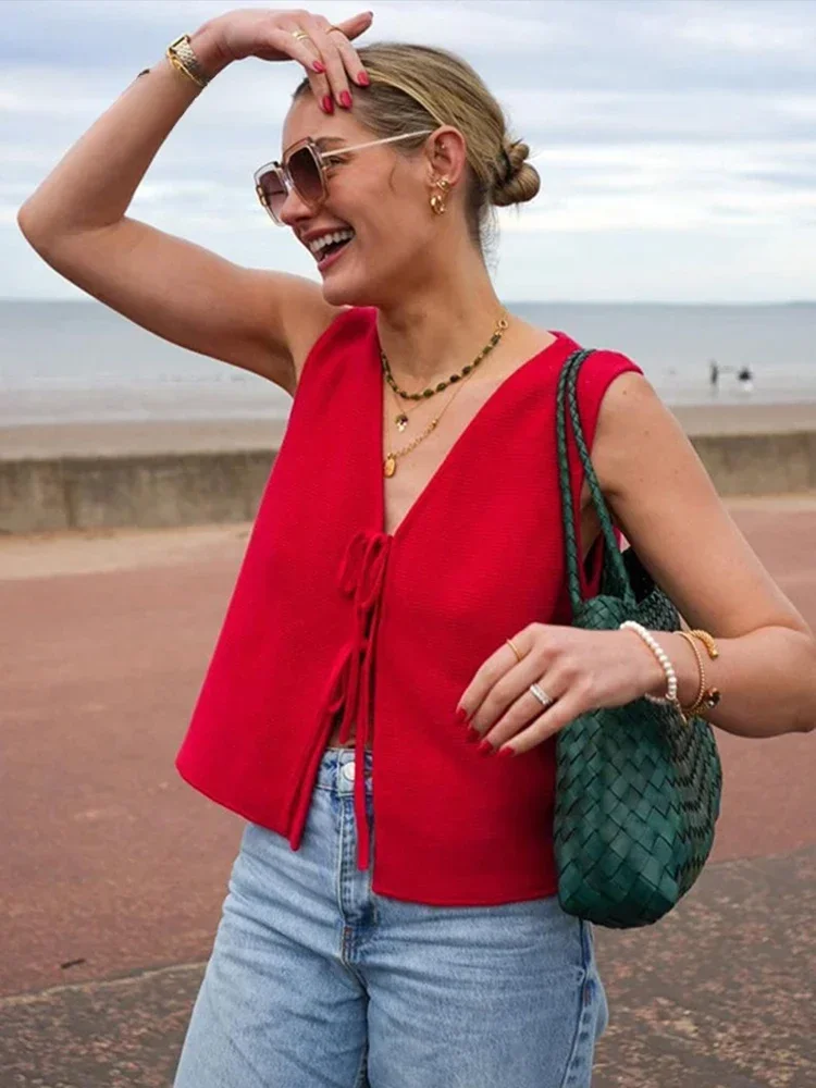 Gilet maglione con lacci lavorato a maglia casual Top da donna