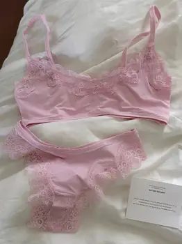 Pink Lace Bra Set Woman Adjusted-strap Seamless Bras+Low Waist Panties Female Casual Simple Solid High Elasticity Lingerie Sets