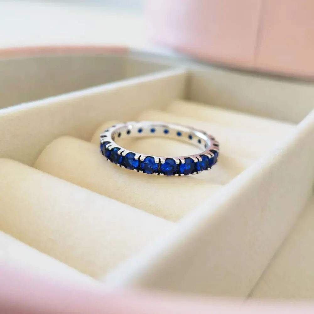 925 Sterling Silver Sparkling Row Eternity Ring with Blue Cz Fashion Pandora Style Jewelry Ring For Women