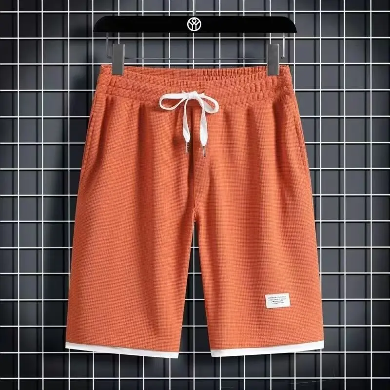 2024 Summer New Straight Pants Minimalist Men's Solid Color Drawstring Elastic High Waisted Spliced Pockets Loosecasual Shorts