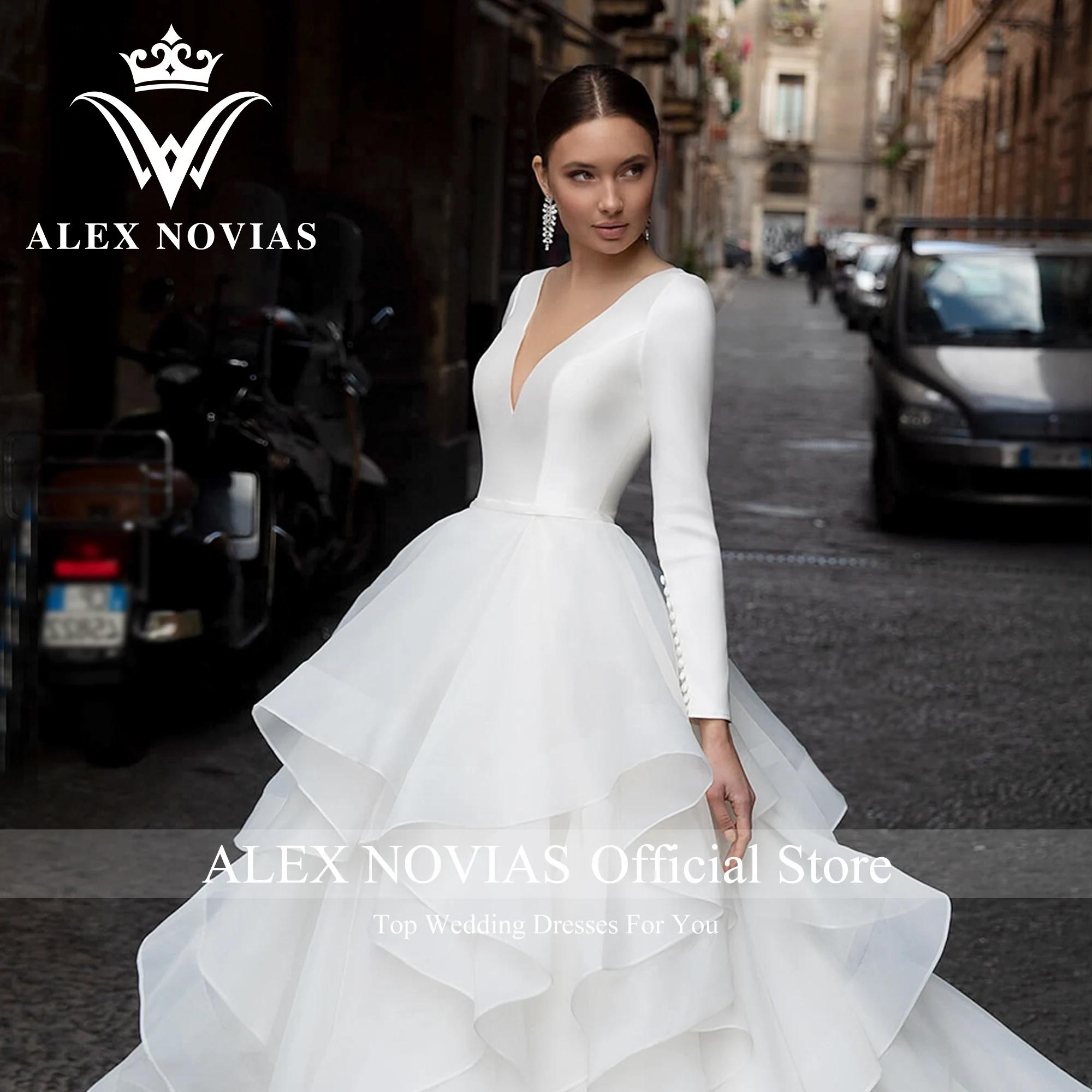 Свадебное атласное платье с длинным рукавом ALEX NOVIAS, классическое свадебное платье из органзы с V-образным вырезом и оборками, 2023