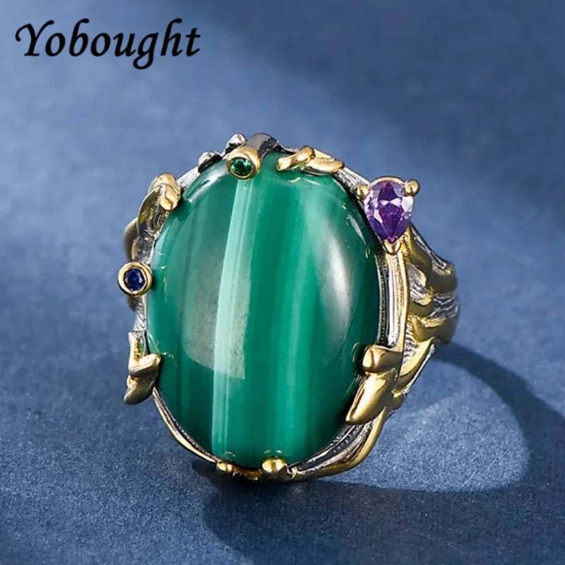 

Ltalian Craftsmanship Retro Personality S925 Silver Gilt Inlaid Malachite Oval Egg Surface Opening Ring Female Ring