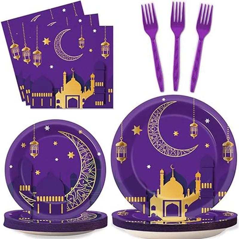 

Eid Mubarak вечерние набор одноразовой посуды, бумажные тарелки, салфетки, вилки Рамадан, украшение для дома