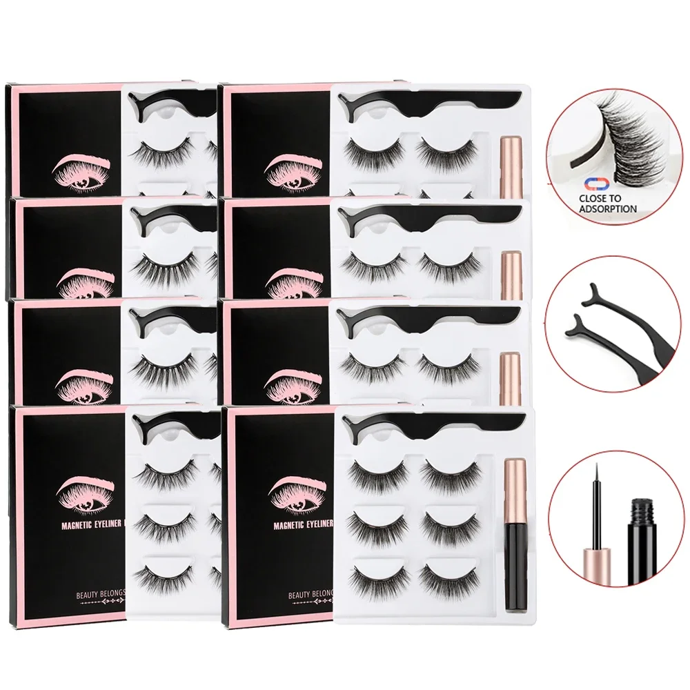 Magnetic Eyelashes Set 1/2/3/4 Pairs Faux Cils Liquid Eyeliner Tweezer Makeup Kit fake eyelashes