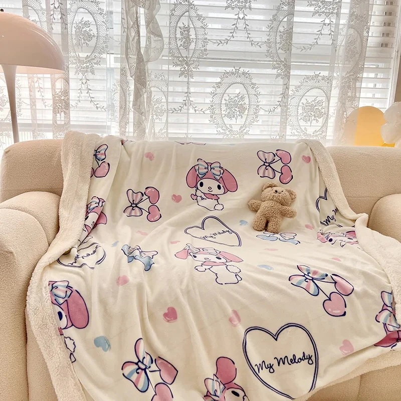 Sanrio wełna jagnięca pluszowy kocyk dla dzieci Hello Kitty Melody Kuromi Cinnamoroll kreskówka ciepły rzut narzuta na kanapę prezent dekoracja sypialni
