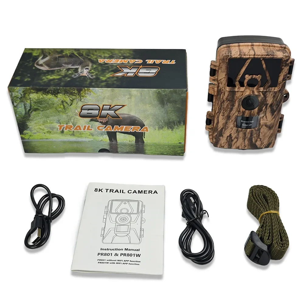 8K WiFi Waterproof Trail Camera PR801W 60MP Supports APP Viewing for Outdoor Animal Hunting Night Vision and Farm Monitoring