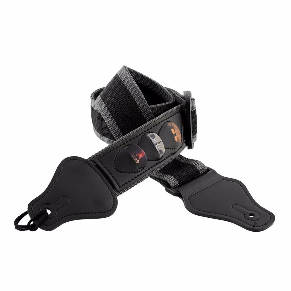 

Muse-Black Nylon Electric Acoustic Guitar Strap W/3 Pick Plectrums Holders Leather Ends Guitar Accessories