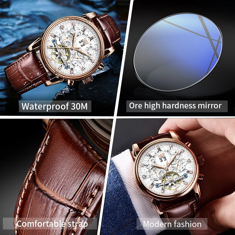 LIGE Mechanical Watches Business Fashion Luxury Leather Strap Tourbillon Automatic Watch for Men Waterproof Calendar Date Clocks