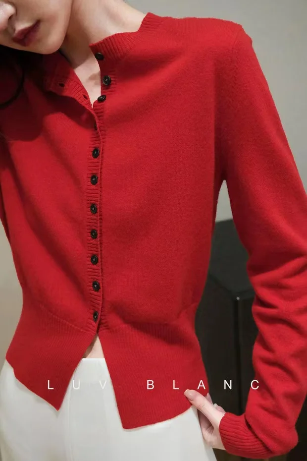 2022 Spring and Autumn round collar waist slit long sleeves 100% pure wool cardigan coat