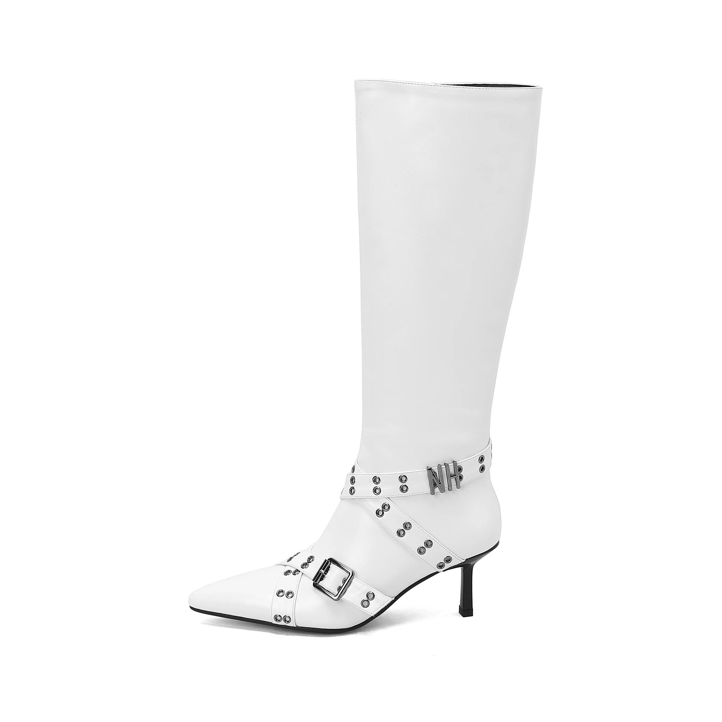 

Arden Furtado 2023 Autumn Winter Knee high boots Metal cowhide Pointed toe Side zipper Stilettos heels Belt buckle Modern boots