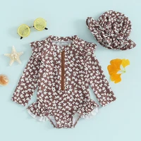 Baby Girls Bathing Suit Outfits Round Neck Flower Print Long Sleeve Zipper Swimsuit and Swim Cap Toddler Baby Beach Wear Set 1