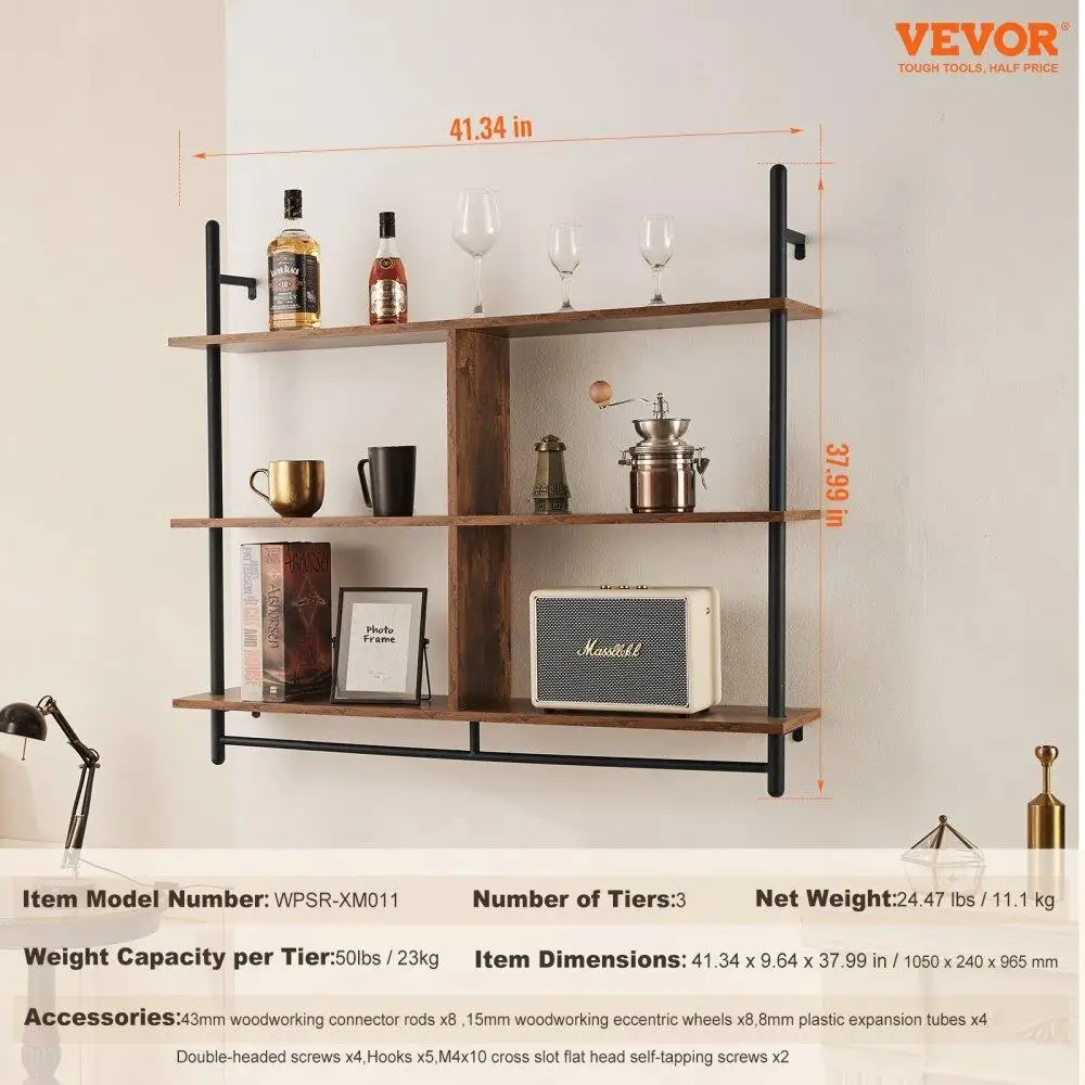 Industrial Pipe Shelf 3 Tier 41.5x9.84in Wall-Mount for kitchen Bedroom 5