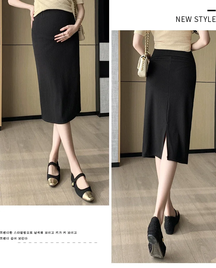 2024 여름 임산부 배꼽 스커트, 허리 조절 가능, 임산부 아이스 실크 롱 스커트, 슬림 힙 스트레치 스트라이프 펜슬 스커트