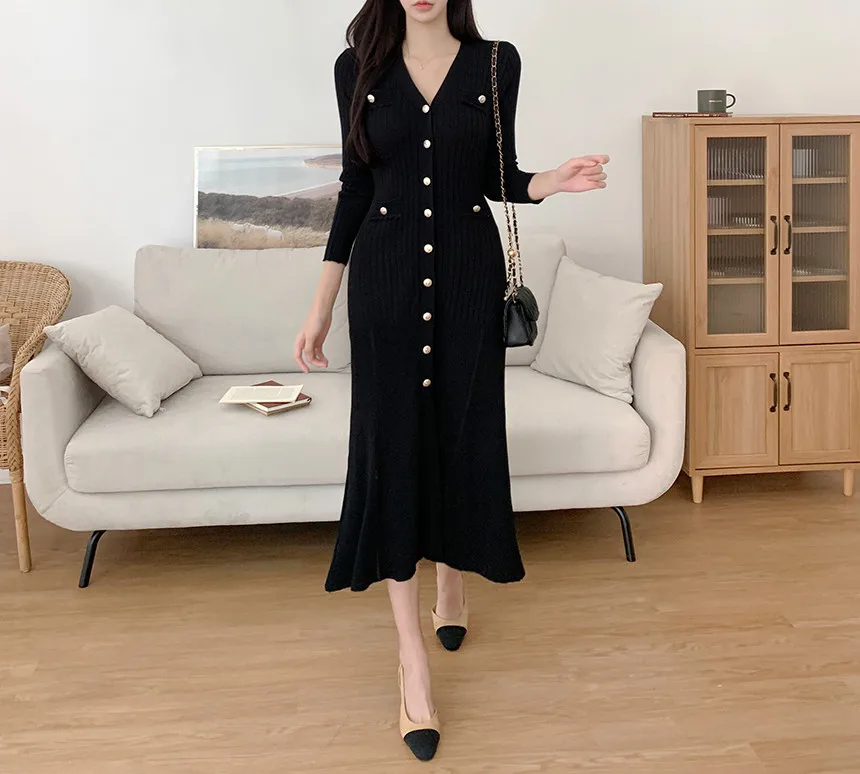 Korean Chic Knitted Dresses for Women V-neck Long Sleeve Slim Bodycon Ruffles Party Dress Casual Autumn Winter New Vestidos