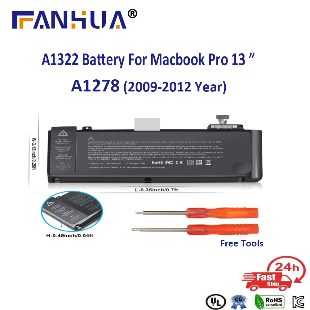 A1322 A1278 Batteria Macbook Per Apple Macbook Pro 13 Pollici A1278 Metà 2012 2010 2009 Inizio 2011, Cacciaviti 2 Pezzi Gratuiti