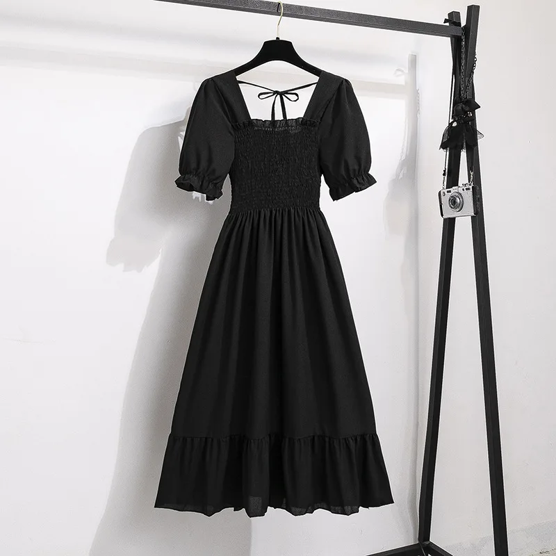 

2023 Summer Women Print Black Dresses Short Sleeve Pleated Casual Beach Square Collar Elastic Waist Bohemian Woman Midi Dress