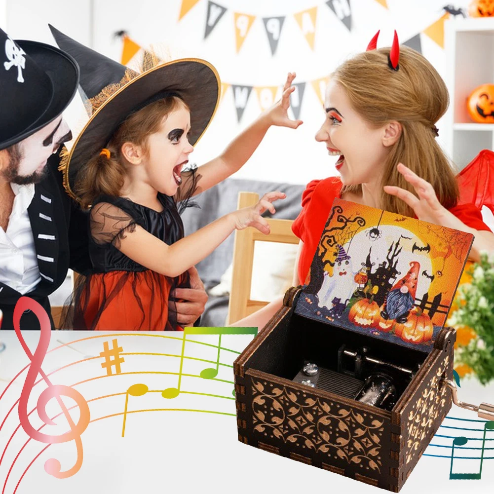 Halloween Eve Wooden Antique Engraved Musical Box Fright Night Musical Box Engraving Nightmare for Halloween Party