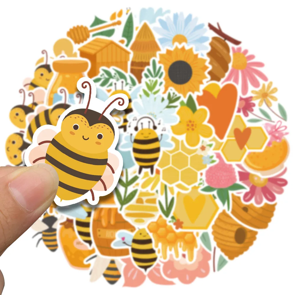 50pcs Cute Cartoon Honey Bee Flower Stickers For Luggage Guitar Phone Skateboard Waterproof Graffiti Laptop Decals Kids Toy