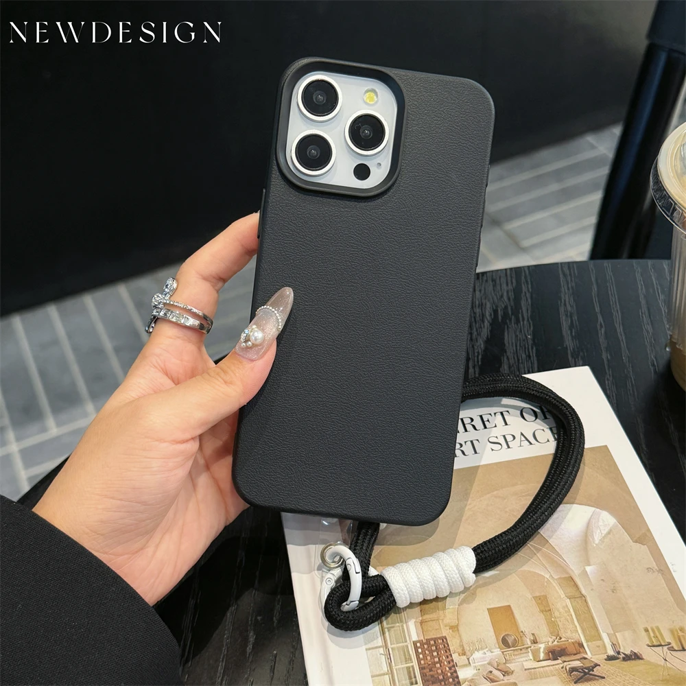 Étui en cuir à texture bonbon mignon et tendance avec dragonne pour iPhone 15 14 11 12 13 16 Pro Max Plus X XR XsMax Couverture de couleur unie_voghion.com