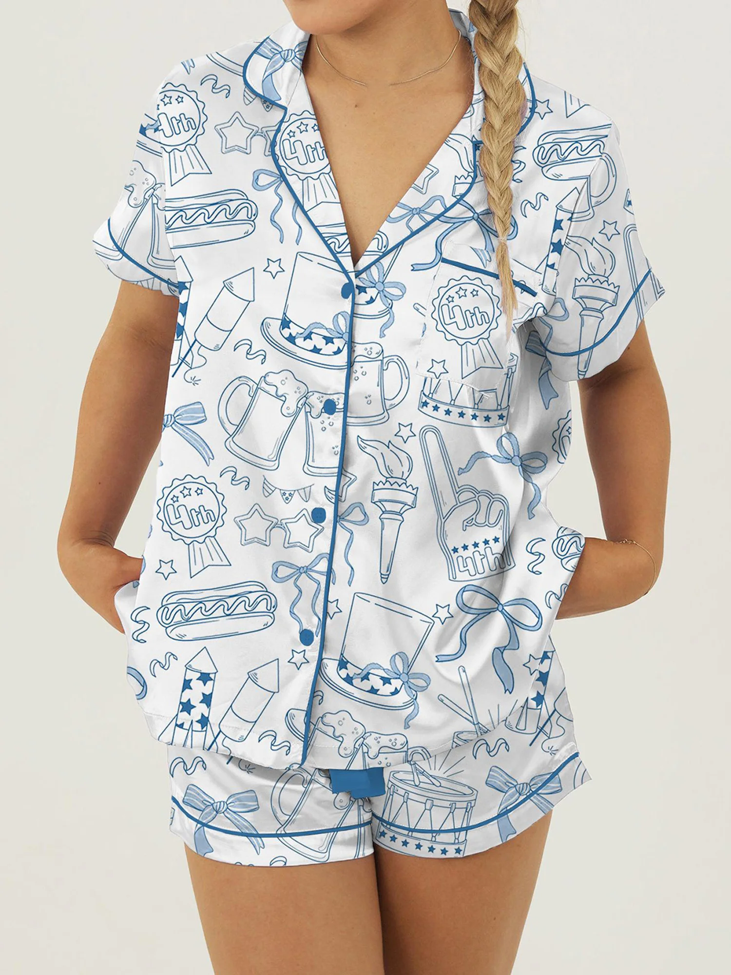 Women s American Flag Print Short Sleeve Lapel Lounge Set with Patriotic Elements Shirt and Shorts Sleepwear Sets