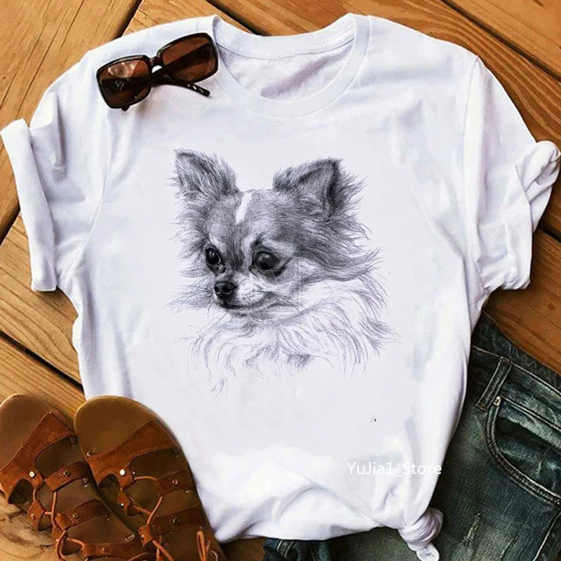 Schnauzer/Seyur/Yorkshire Terrier/Chihuahua/ Retriever/Pomeranian/Papillon Cane Vintage Ritratto Stampa T-Shirt Estiva Da Donna