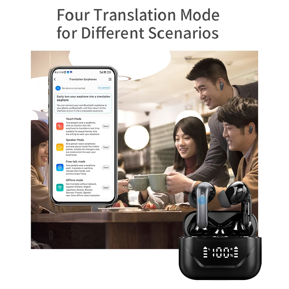 Smart AI Language Translation Earbuds Long Battery Life 144 Languages Translator Device ANC Noise Canceling for Android and iOS