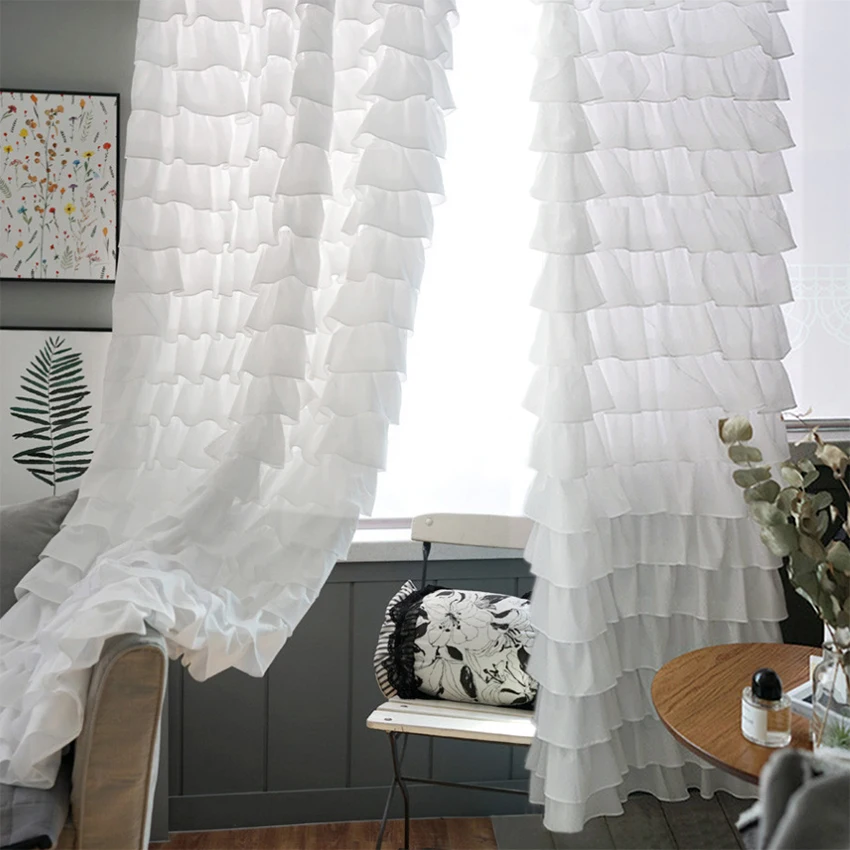 

Modern Fashionable Solid White Blackout Curtains Romantic Princess Lace Window Screen Curtains with Ruffles 2 Layers Cortinas