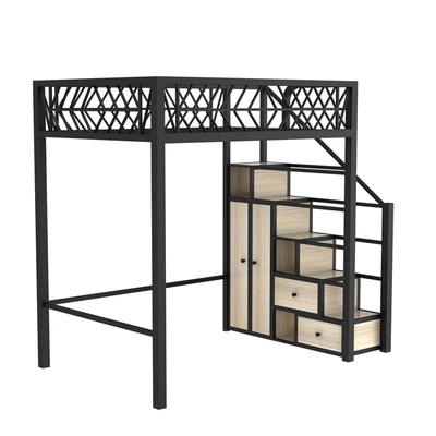 thumbnail image 1 of Cama elevada multifuncional, pequeño apartamento, loft, simple, moderno, dúplex, segundo piso, armario superior de hierro forjado, 1 of 4