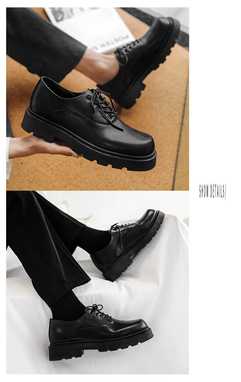 أحذية رجالية رسمية بكعب مسطح ورباط، لون موحد، نعل سميك، تصميم فريد وعصري، أحذية جلدية بأسلوب جديد