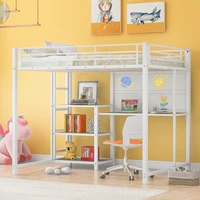 Full Size Loft Bed with Desk and Whiteboard, Metal Loft Bed with 3 Shelves and Ladder, White 1