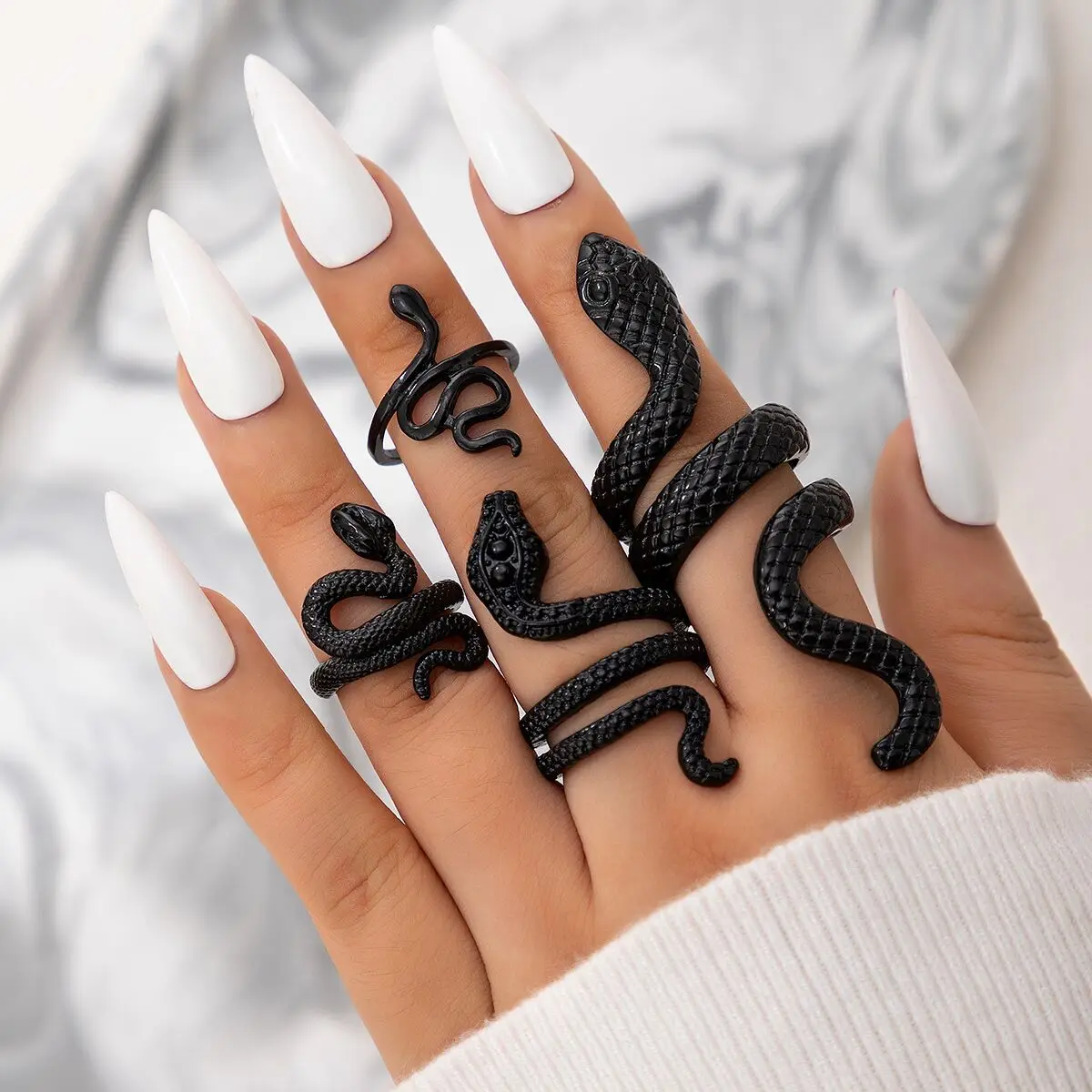 Vintage Long Snake Ring Set For Women Gothic Black Gold Silver Color Adjustable Finger Jewelry Accessories Female Gift,ring set,gold color rings,finger ring,gold color ring,silver ring,adjustable rings,animal ring,jewelry accessories