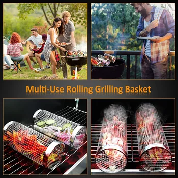 New Rolling Grilling BBQ Basket Stainless Steel Leakproof Mesh Barbecue Rack Outdoor Picnic Camping Simple Cylindrical BBQ Grill 6