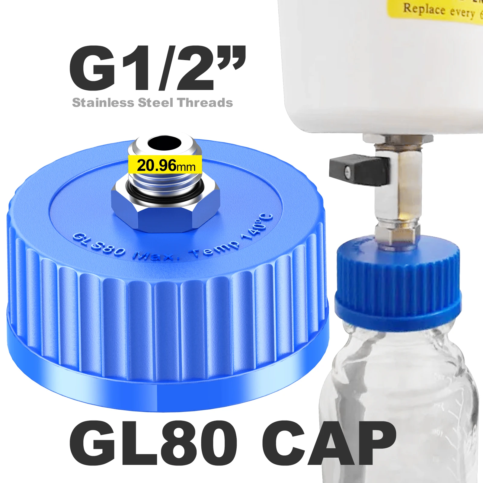GL45 / GL80 Liquid Media Cap with 1/2&rdquo; G / 1/4"G Stainless Steel Threads for Industrial Laboratory Liquid Extraction, 1pcs