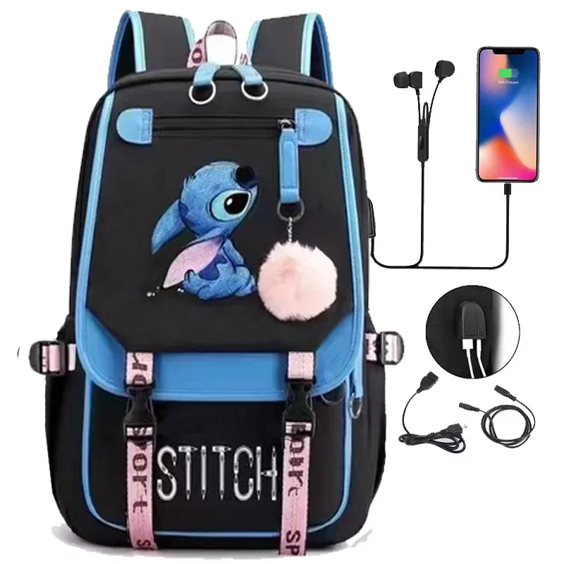 Disney Lovely Stitch Backpacks USB Patchwork Lightweight Laptop Teens School Bags Women Girls Capacity Cartoon Travel Mochilas 1