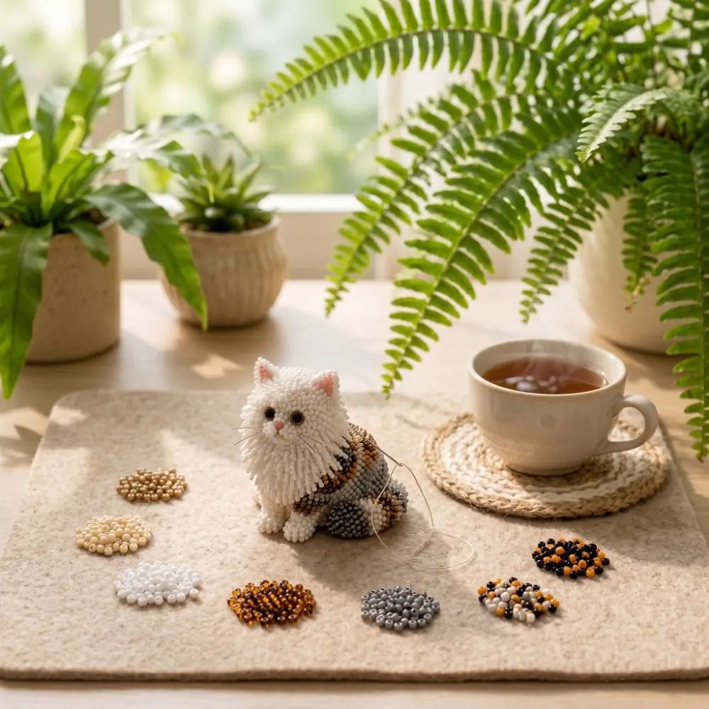 Kit Fai-da-Te per Ricamo con Perline a Tema Animale, Set Artistico Colorato per Mini Lavorazioni con Perline, Kit Educativo 3D per Creazione Portachiavi a Forma di Gatto - immagine 3