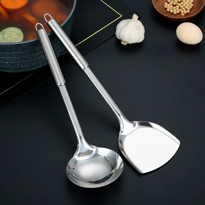 Modern Kitchen Stainless Steel Cooking Tool Set Frying Spatula Soup Spoon Long Handle BBQ Meat Fork Serving Colander Home Gadget kitchen utensils