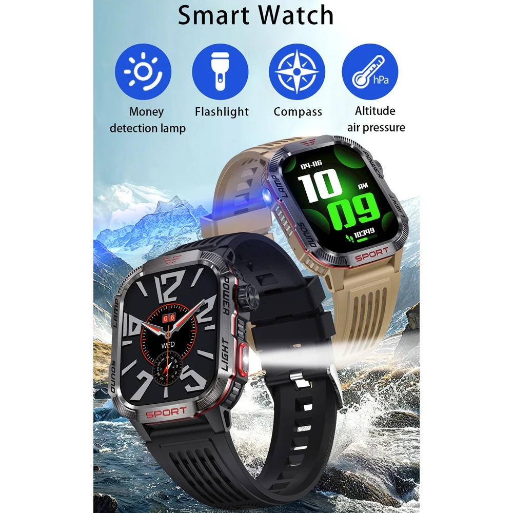 New Global Smartwatch 2.01 Inch 600mAh Large Battery LED Light Compass Men Outdoor Sport Watch Voice Assistant Wireless Call