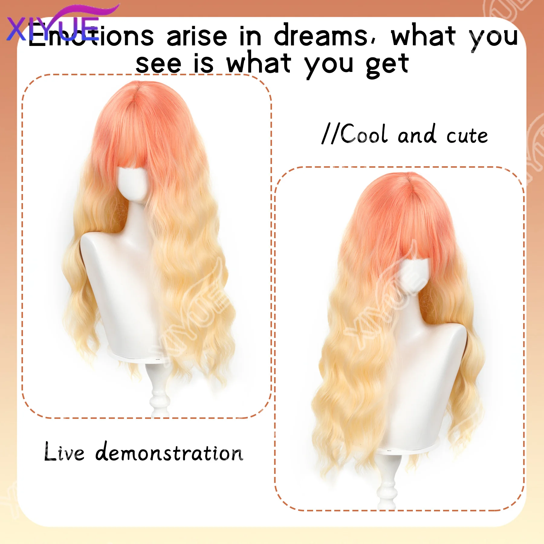 synthetic gradient water ripple wig Orange red gradient beige Synthetic Hair Wigs for Women Long Wavy Cosplay Wig Heat Resistant