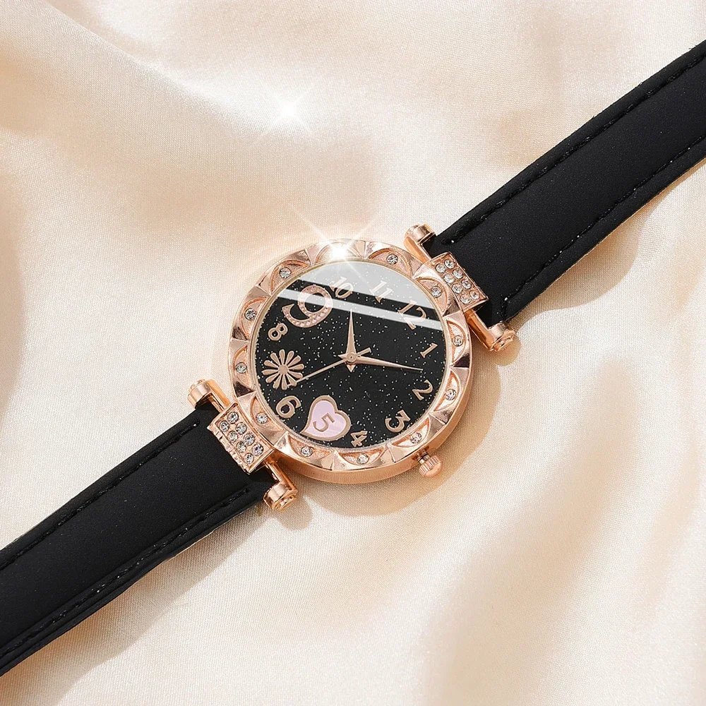 Conjunto de relógio de pulso analógico de couro feminino, pulseira de quartzo feminino, moda feminina, 6 peças