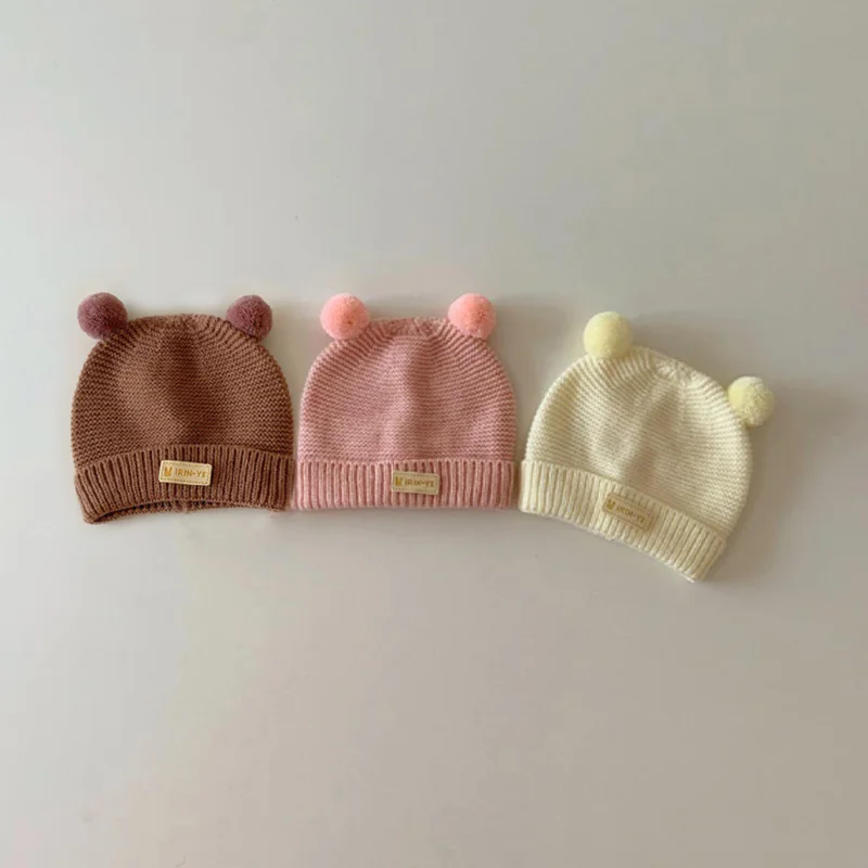 Korean Baby Knitted Hat Cute Winter Warm Double Ball Newborn Beanie 2-15 Months Boy Girl Infant Solid Color Woolen Skullies Cap 3