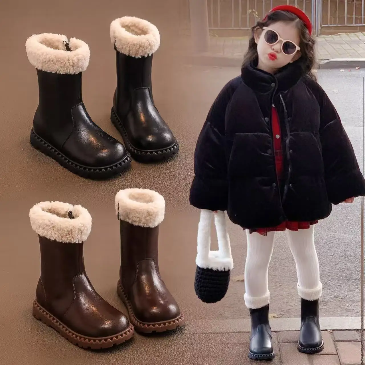 Girls Winter Fleece Boots Breathable Non Slip School Shoes
