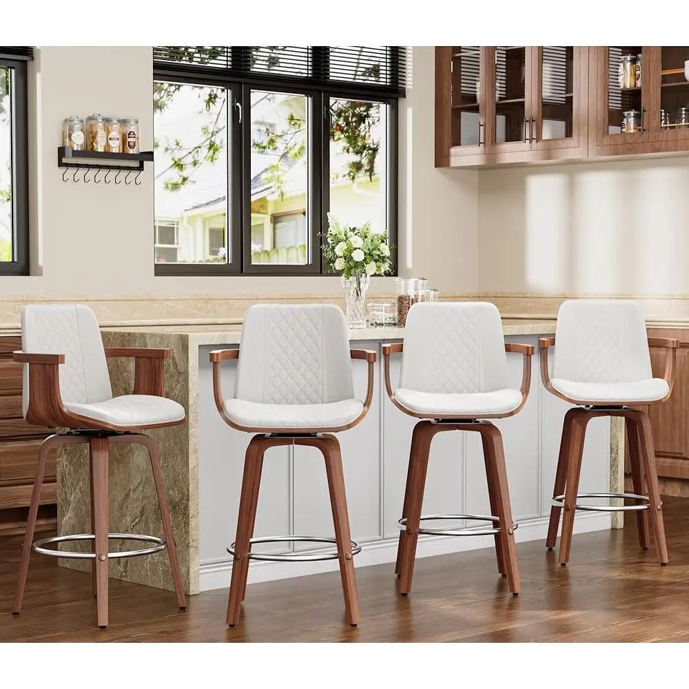 Set of 4 Swivel Bar Stools Mid Century Modern Bentwood Counter Height Chairs PU Leather Ergonomic Design Kitchen Cafe Home 2