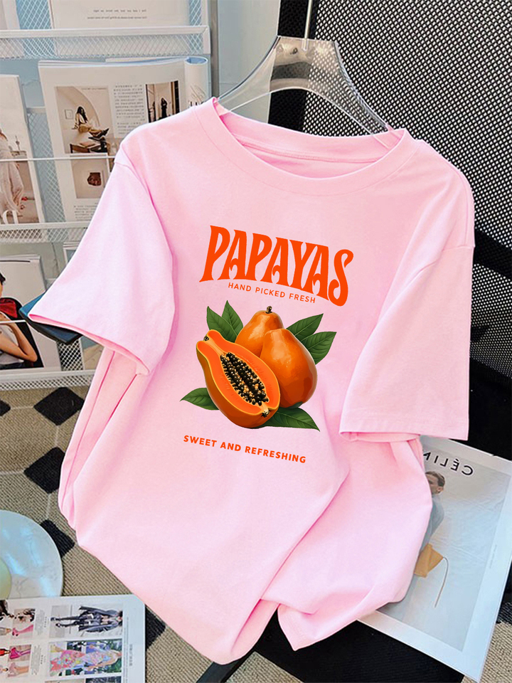 Summer T-Shirts Cotton Womens Papayas Hand Picked Fresh Printed Short Sleeve Soft Loose O-Neck Tops Holiday Casual Woman Clothes