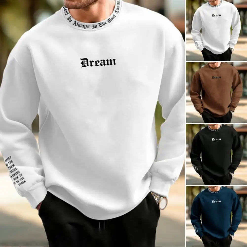 

Men Fall Winter Sweatshirt Round Neck Long Sleeve Letter Print Long Sleeve Thick Loose Soft Warm Mid Length Men Casual Top