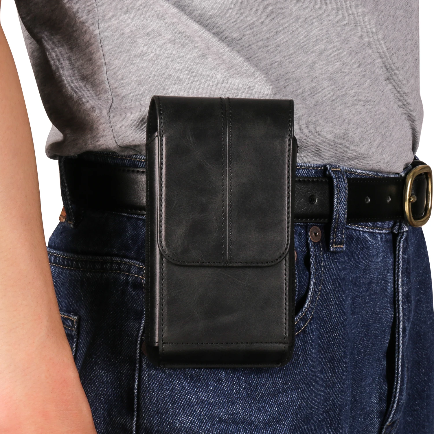 Men's Leather Vertical Waist Phone Pouch - Crazy Horse Design