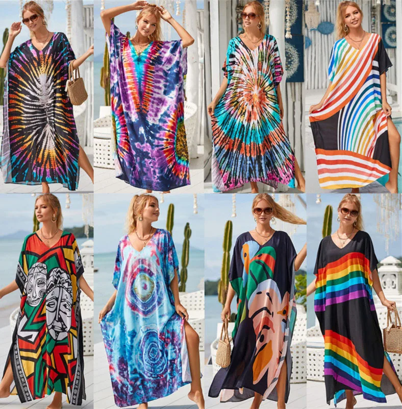 

Caftan вышивка позиционирование Печать Синий Галстук окрашенный пляжный отдых свободное облегающее платье Saida de купальный костюм Praia женский чехол для бикини