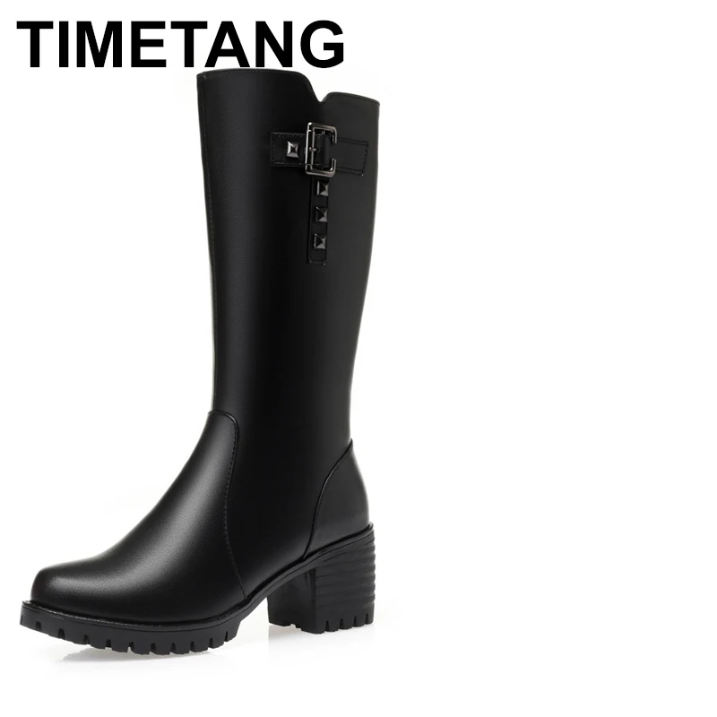 

Genuine Leather Knee High Boots For Women Thick Heeled Winter Large Size Warm Wool Shoes Woman Motorcycle Boots Long