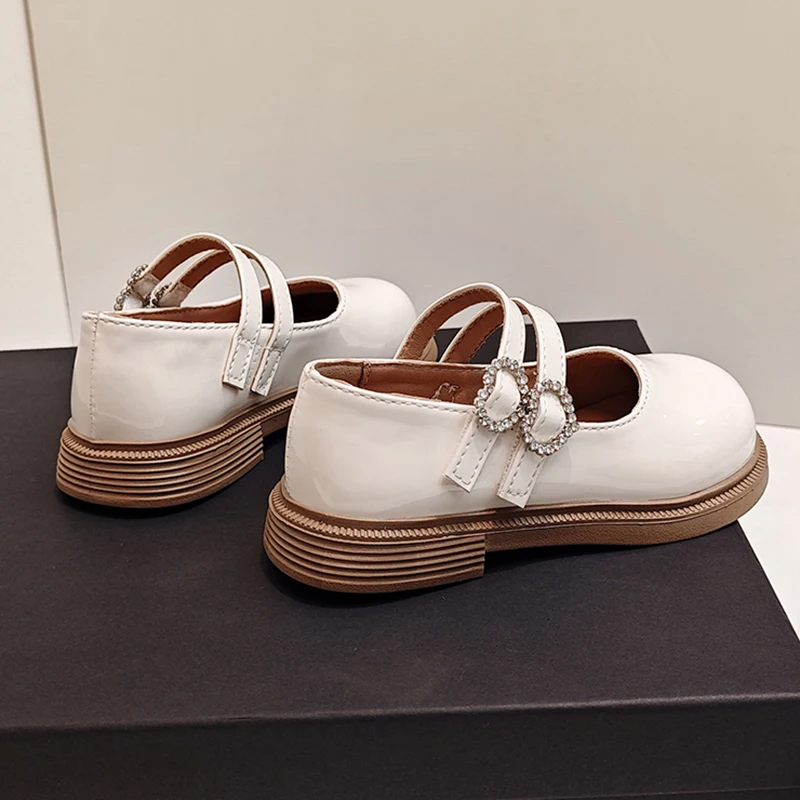 Fashion Double Buckle Mary Jane Shoes for Kids Round Toe Crystal Buckle Flats Shoes Girls Pu Leather Low Heel Single Shoes 21-36