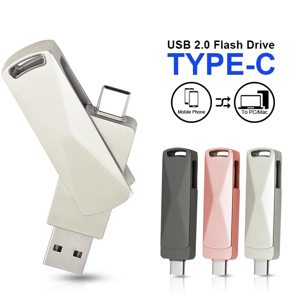USB 펜 드라이브 TYPE-C 펜 드라이브, USB 2.0 플래시 드라이브, 컴퓨터 휴대폰용 금속 펜 드라이브, 2 인 1, 32GB, 64GB, 128GB
