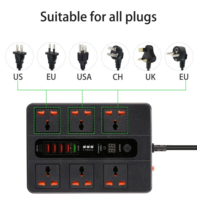 3000W 신제품 6 AC 범용 콘센트 전원 스트립 PD20W QC3.0 고속 충전 소켓 연장 케이블 USB 충전기, EU 플러그 서지 보호기